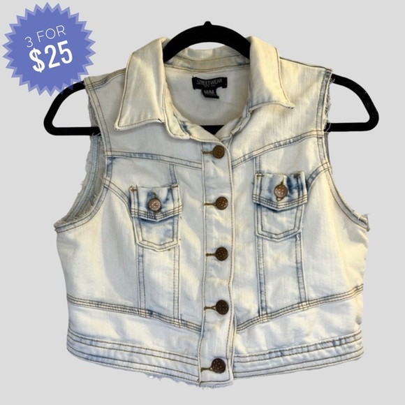 Sale Streetwear Society Women's Jean Vest M Blue Distressed Cropped - Picture 1 of 10